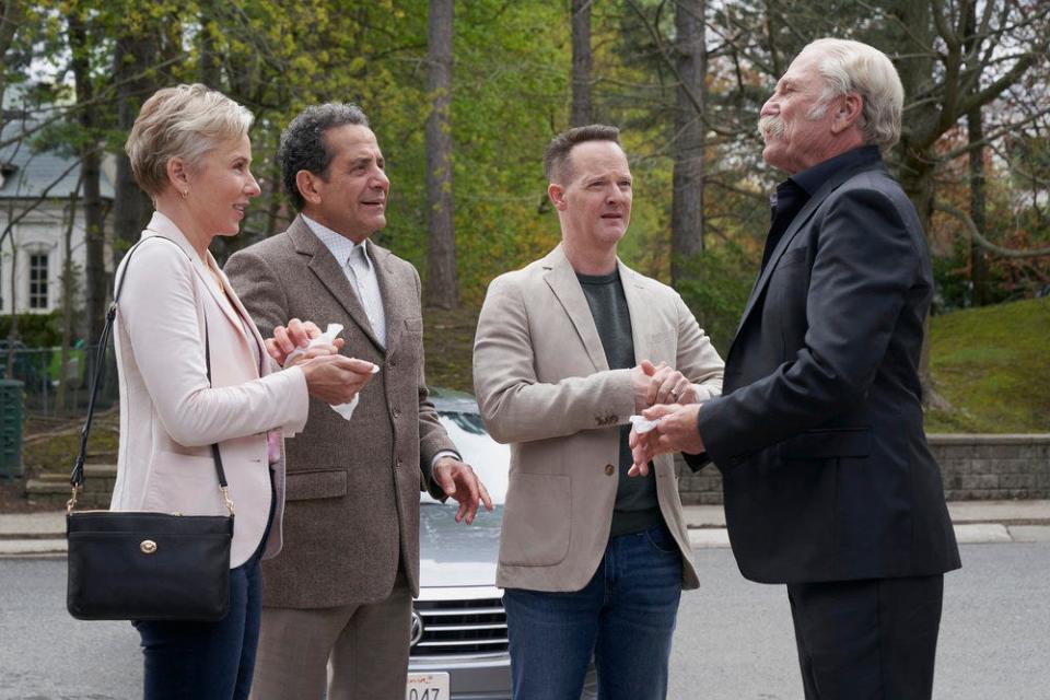 Traylor Howard as Natalie Teeger, from left, Tony Shalhoub as Adrian Monk, Jason Gray-Stanford as Randy Disher and Ted Levine as Leland Stottlemeyer are back together in "Mr. Monk's Last Case: A Monk Movie."