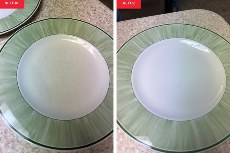 Plates before and after cleaning with The Pink Stuff.