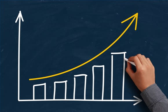 A hand drawing an ascending bar chart on a chalk board.