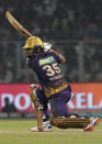 Kolkata Knight Riders' Rinku Singh plays a shot during the Indian Premier League cricket match between Kolkata Knight Riders and Sunrisers Hyderabad in Kolkata, India, Friday, April 14, 2023. (AP Photo/Bikas Das)