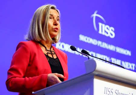 European Union High Representative for Foreign Affairs and Security Policy Federica Mogherini speaks at the IISS Shangri-la Dialogue in Singapore