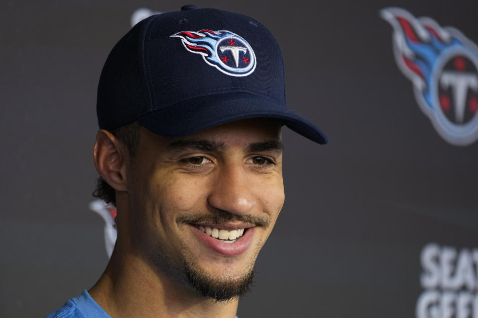 Tennessee Titans wide receiver Colton Dowell responds to questions from reporters following the NFL football team's rookie minicamp, Saturday, May 13, 2023, in Nashville, Tenn. (AP Photo/George Walker IV)