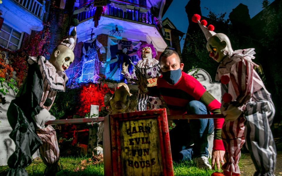 Ollie Slim of Brighton, Sussex in his dressed up Halloween garden - David McHugh / Brighton Pictures