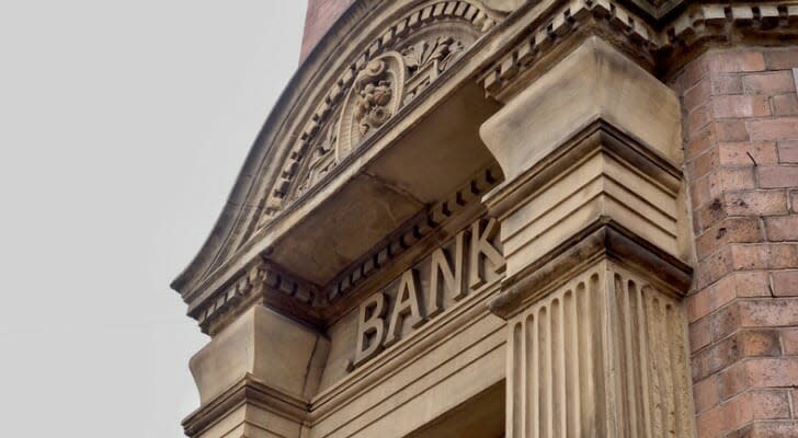 Ornate facade of a large bank building