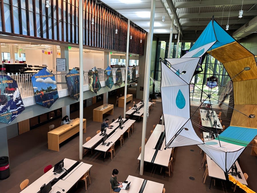 Kites on display at St Edward’s highlight the ongoing water crisis. (Credit: Eric Henrikson/KXAN)