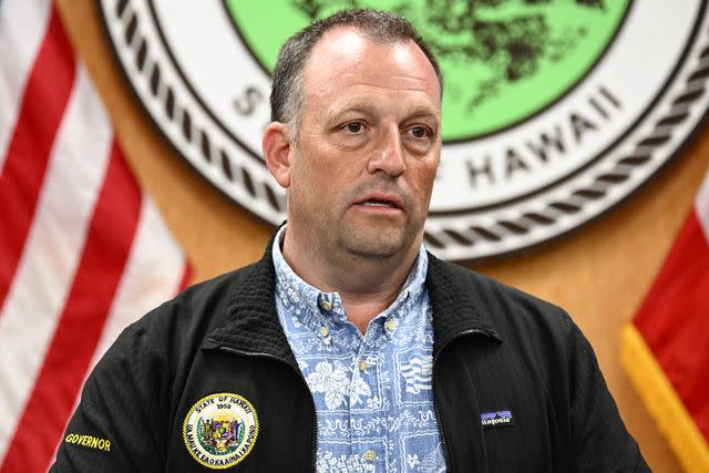 <p>PATRICK T. FALLON/AFP via Getty</p> Hawaii's Gov. Josh Green spoke during an August 10 press conference about the wildfires in Maui.