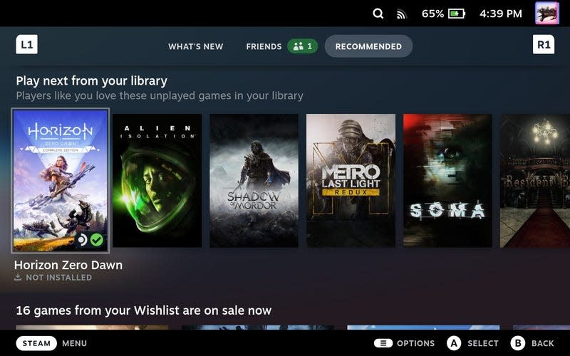 The Steam Deck menu shows a list of unplayed games.