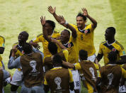 No. 7 - THE DANCE. No-one shakes it like the Colombians. Their joyous, hip-swaying goal celebrations will live long in the memory. It was left back Pablo Armero, with a history of dancing for club and country, who led the way after scoring against Greece in their opening game in the fifth minute. REUTERS/Leonhard Foeger