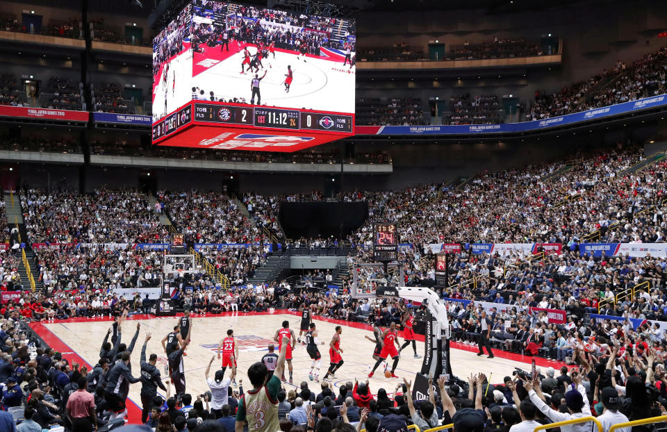 The Toronto Raptors and Houston Rockets play an NBA preseason basketball game at Saitama Super Arena in Saitama, north of Tokyo, Japan, on Oct. 8, 2019. The league will return to Japan with two preseason games later this year between the Golden State Warriors and Washington Wizards. (Kyodo/via REUTERS)