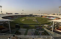 Preparation under way for the upcoming country's premier domestic Twenty20 tournament 'Pakistan Super League' at the National Stadium, in Karachi, Pakistan, Tuesday, Jan. 25, 2022. The Pakistan Cricket Board says "robust" COVID-19 health and safety protocols are in place ahead of its month-long domestic Twenty20 competition in Karachi and Lahore, with several foreign cricketers participating in a six-team event. (AP Photo/Fareed Khan)