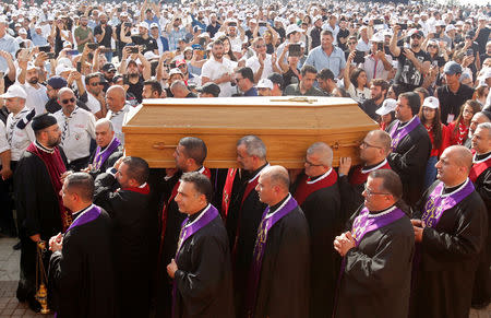 Priests carry the coffin of Cardinal Nasrallah Sfeir, the former patriarch of Lebanon's Maronite church during his funeral in Bkerki, north of Beirut, Lebanon May 16, 2019. REUTERS/Aziz Taher
