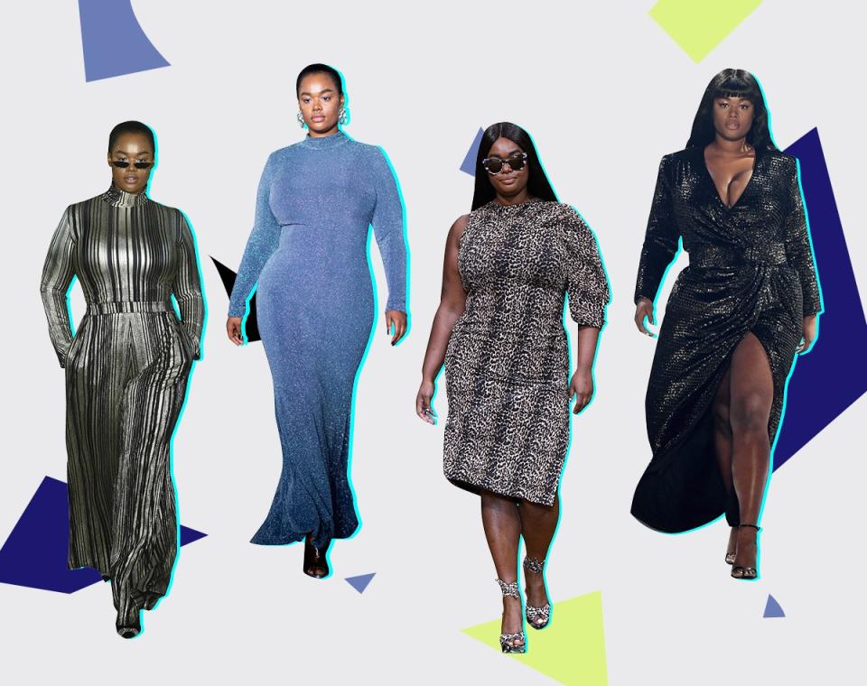 Precious Lee walks the runway at Christian Siriano fall 2019 (far left and second from left), Christian Siriano spring 2019, and 11 Honoré.