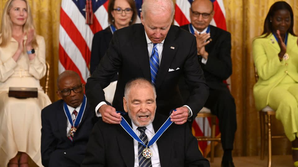 US President Joe Biden presents Raul Yzaguirre with the Presidential Medal of Freedom, the nation's highest civilian honor, in the East Room of the White House on July 7, 2022. - Saul Loeb/AFP/Getty Images