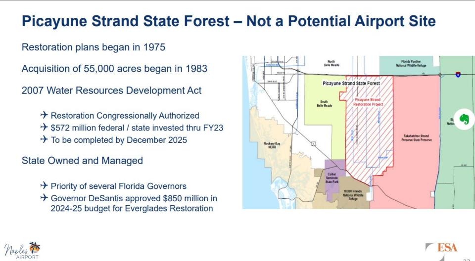Airport consultant Environmental Science Associates identified four sites and cost estimates for general aviation and commercial aviation. ESA said Picayune Strand State Forest is not a potential site.