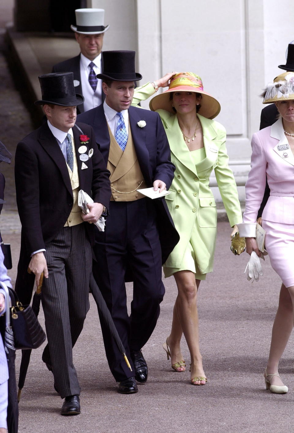 ASCOT, UNITED KINGDOM - JUNE 22:  Royal Ascot Race Meeting Thursday - Ladies Day. Prince Andrew, Duke Of York and Ghislaine Maxwell At Ascot. With them are Edward (far left) and Caroline Stanley (far right), the Earl and Countess of Derby. (Photo by Tim Graham Photo Library via Getty Images)