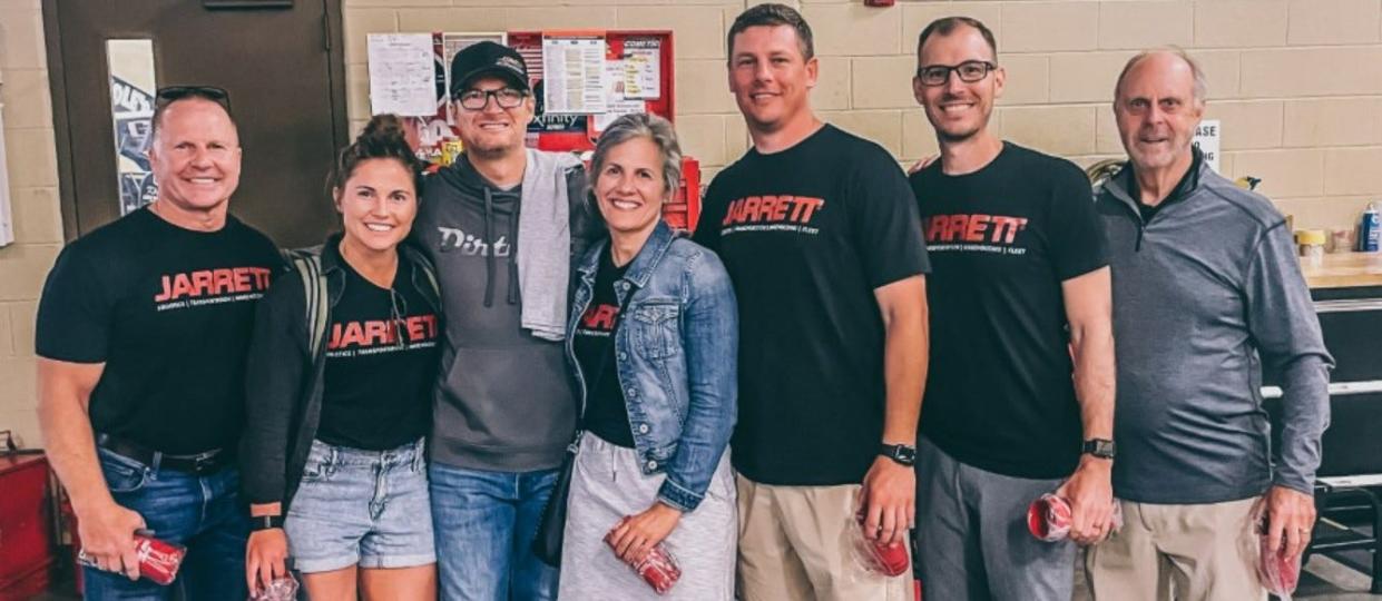 The Jarrett team recently met with Dale Earnhardt Jr. at the JR Motorsports Fan Day in Mooresville, North Carolina. Pictured are, from left, Mike Jarrett, Lexi Nussbaum, Dale Earnhardt Jr., Diane Jarrett, Matt Wagner, Aaron Nussbaum and Ed Long.