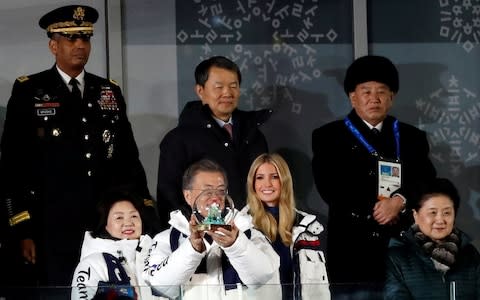 South Korean President Moon Jae-in and South Korean first lady Kim Jung-sook, Ivanka Trump, senior White House adviser, Chinese Vice Premier Liu Yandong, South Korea's Constitutional Court President Lee Jin-sung and U.S. Forces Korea Commander Vincent Brooks and Kim Yong-chol of the North Korean delegation, attend the closing ceremony - Credit: REUTERS/Murad Sezer