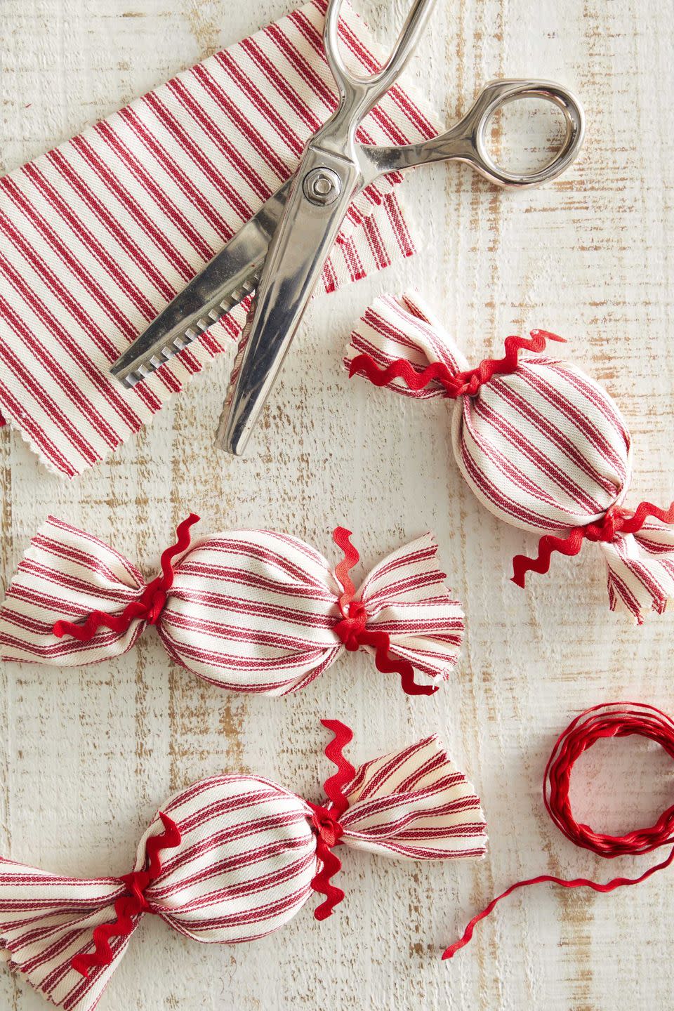 striped red and white fabric crafted to look like oversize peppermints