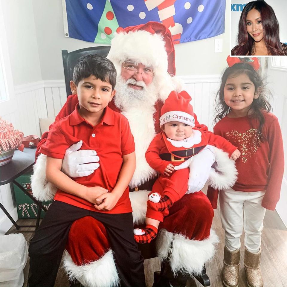 Santa touches down in Jersey! <a href="https://people.com/tv/jersey-shore-cast-surprised-snooki-retiring/" rel="nofollow noopener" target="_blank" data-ylk="slk:Former Jersey Shore star;elm:context_link;itc:0;sec:content-canvas" class="link ">Former <em>Jersey Shore</em> star</a> Nicole “Snooki” Polizzi's three little ones, <a href="https://people.com/parents/nicole-snooki-polizzi-welcomes-daughter-giovanna-marie/" rel="nofollow noopener" target="_blank" data-ylk="slk:Giovanna Marie;elm:context_link;itc:0;sec:content-canvas" class="link ">Giovanna Marie</a>, <a href="https://people.com/parents/snooki-welcomes-son-lorenzo-dominic/" rel="nofollow noopener" target="_blank" data-ylk="slk:Lorenzo Dominic;elm:context_link;itc:0;sec:content-canvas" class="link ">Lorenzo Dominic</a> and <a href="https://people.com/parents/snooki-nicole-polizzi-welcomes-son-angelo-james-photos-jionni-lavalle-exclusive/" rel="nofollow noopener" target="_blank" data-ylk="slk:Angelo James;elm:context_link;itc:0;sec:content-canvas" class="link ">Angelo James</a>, got in their <a href="https://www.instagram.com/p/B50fe-KFi_H/" rel="nofollow noopener" target="_blank" data-ylk="slk:holiday shot;elm:context_link;itc:0;sec:content-canvas" class="link ">holiday shot</a> wearing color-coordinated outfits.