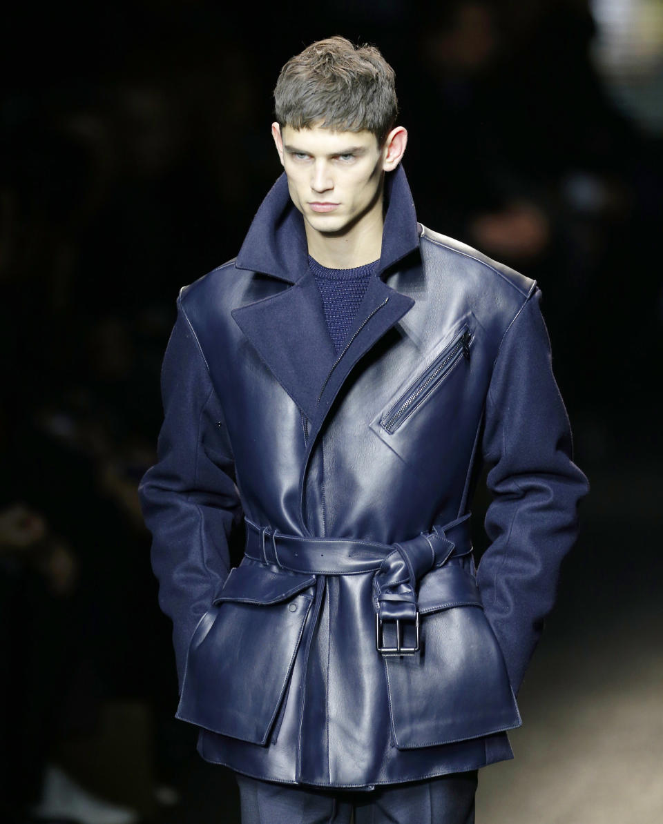A model wears a creation for Salvatore Ferragamo men's Fall-Winter 2013-14 collection, part of the Milan Fashion Week, unveiled in Milan, Italy, Sunday, Jan. 13, 2013. (AP Photo/Antonio Calanni)