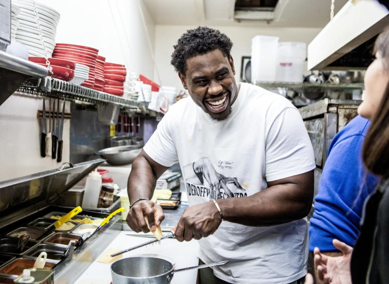 Sebastian Joseph-Day cooks cacio e pepe at Sunday Gravy.