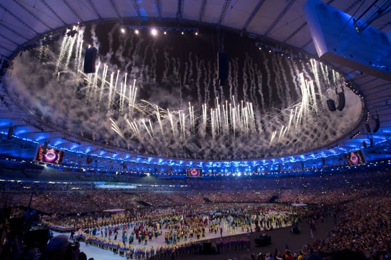 Fireworks ignite during the opening ceremony of the 2016 Summer Olympics in Rio de Janeiro, Brazil, on August 5, 2016. File Photo by Terry Schmitt/UPI