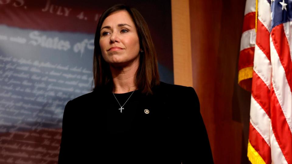 PHOTO: In this Sept. 27, 2023 file photo, Sen. Katie Britt, R-Ala., listens during a news conference on border security at the U.S. Capitol Building in Washington. (Anna Moneymaker/Getty Images, FILE)