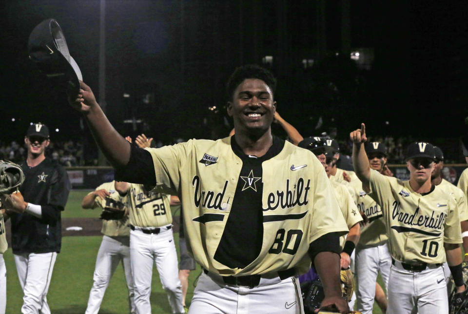 Vanderbilt's Kumar Rocker (80) tips his hat to fans after the team's NCAA college baseball tournament super regional game against Duke on Saturday, June 8, 2019, in Nashville, Tenn. Rocker threw a no-hitter in Vanderbilt's 3-0 victory. (AP Photo/Wade Payne)