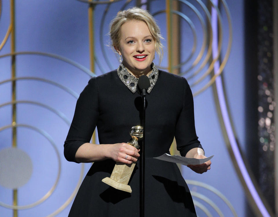 Elisabeth Moss gives her acceptance speech at the Golden Globes 2018 (Paul Drinkwater/NBC via AP)