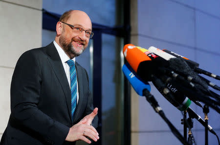 Social Democratic Party (SPD) leader Martin Schulz arrives for exploratory talks about forming a new coalition government at the SPD headquarters in Berlin, Germany, January 11, 2018. REUTERS/Hannibal Hanschke