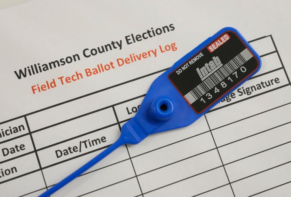 A security zip tie is ready for use in the central counting room at the Williamson County elections office.