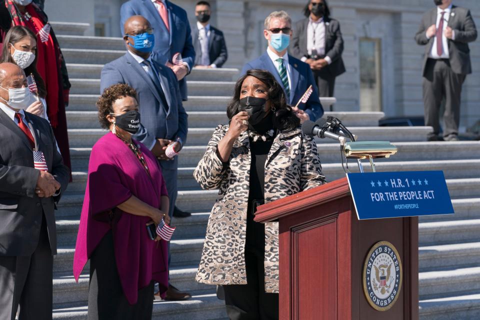 U.S. Alabama Rep. Terri Sewell recalled the work of the late U.S. Rep. John Lewis as Democrats gather for a press conference to urge passage of H.R. 1, the For the People Act of 2021, at the Capitol in Washington, Wednesday, March 3, 2021.  (AP Photo/J. Scott