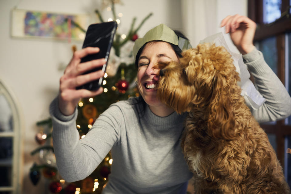 Happy smiling Woman taking a mobile phone selfie with her dog at Christmas