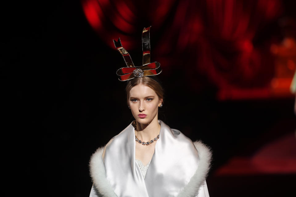 A model wears a creation as part of the Dolce & Gabbana women's Fall-Winter 2019-2020 collection, that was presented in Milan, Italy, Sunday, Feb. 24, 2019. (AP Photo/Antonio Calanni)