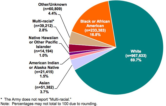 美國各族裔職業軍人比例圖。（美國國防部）