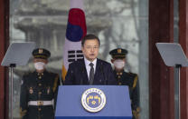 South Korean President Moon Jae-in speaks during a ceremony to mark the March First Independence Movement Day, the anniversary of the 1919 uprising against Japanese colonial rule in Seoul, South Korea, Monday, March 1, 2021. (Jewon Heon-kyun/Pool Photo via AP)