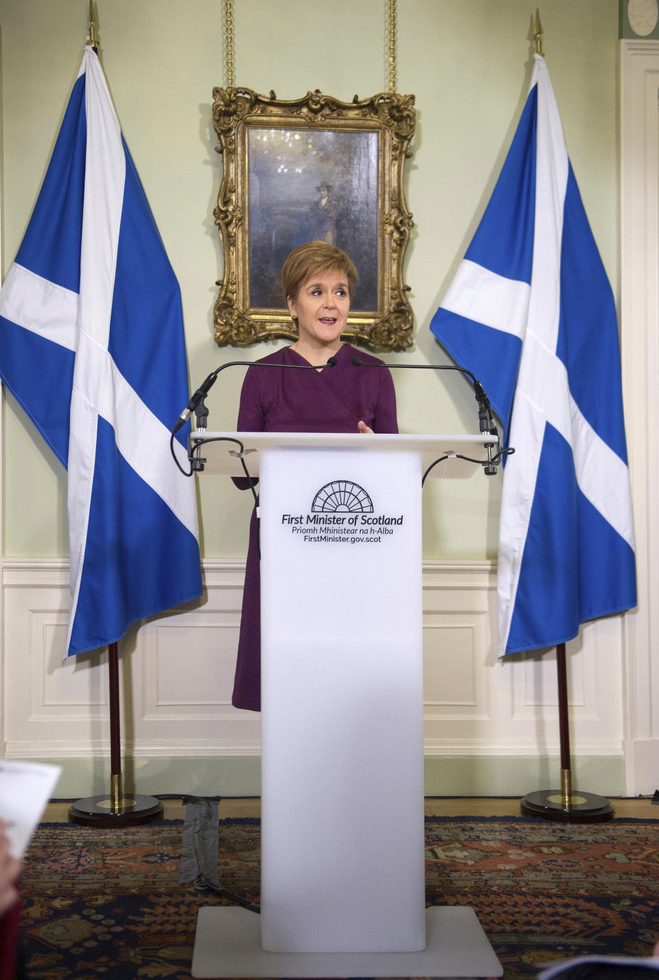 Scotland's First Minister Nicola Sturgeon sets out the case for a second referendum on Scottish independence, during a statement at Bute House in Edinburgh, Thursday, Dec. 19, 2019. (Neil Hanna/PA via AP)