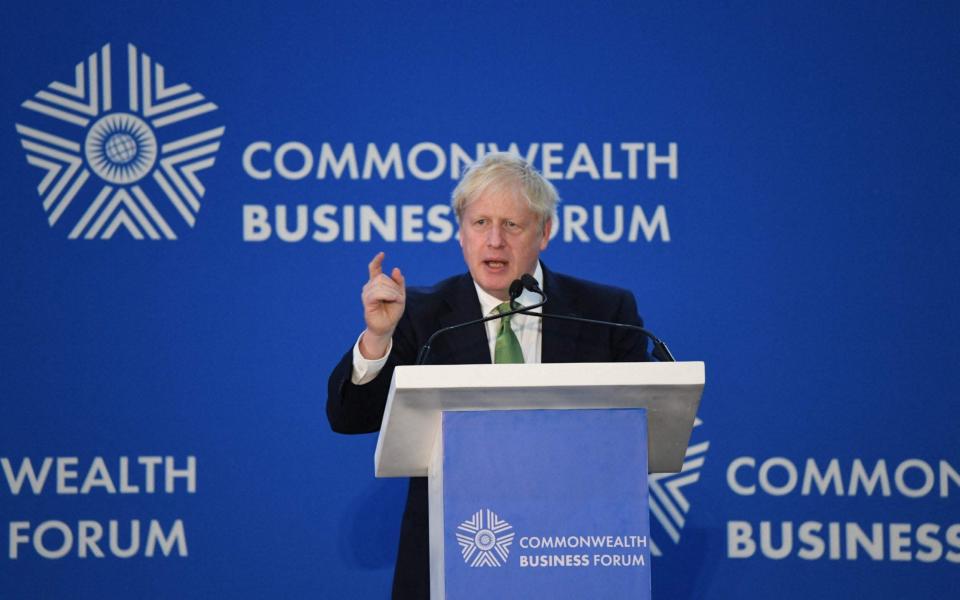 Boris Johnson, the Prime Minister, delivers a speech at the Commonwealth Business Forum in Kigali, Rwanda today - Simon Maina/AFP