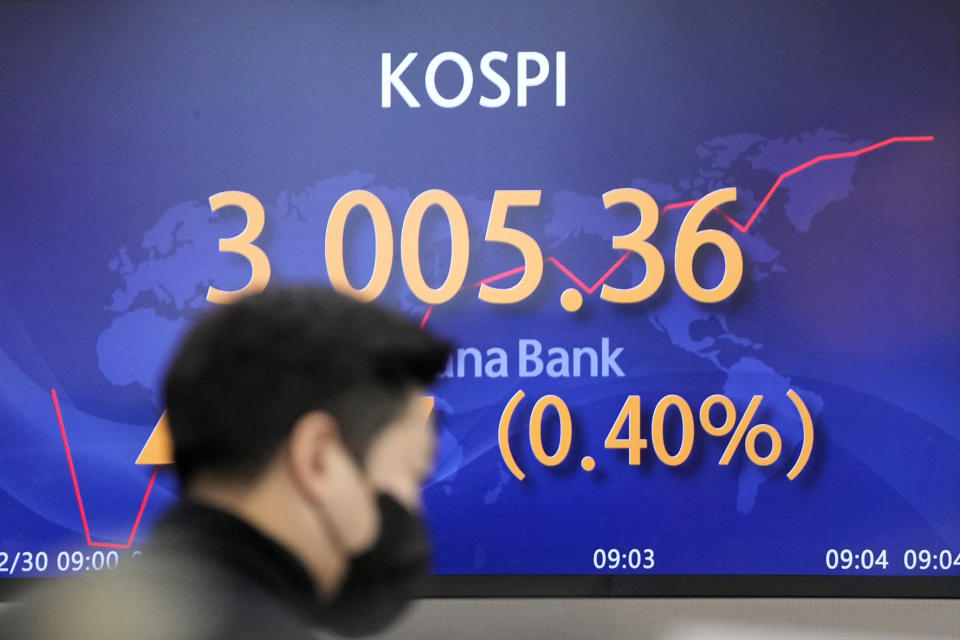 A currency trader walks near a screen showing the Korea Composite Stock Price Index (KOSPI) at a foreign exchange dealing room in Seoul, South Korea, Thursday, Dec. 30, 2021. Asian stock markets were mixed Thursday after Wall Street hit a high and new daily U.S. coronavirus cases surged to a record. (AP Photo/Lee Jin-man)