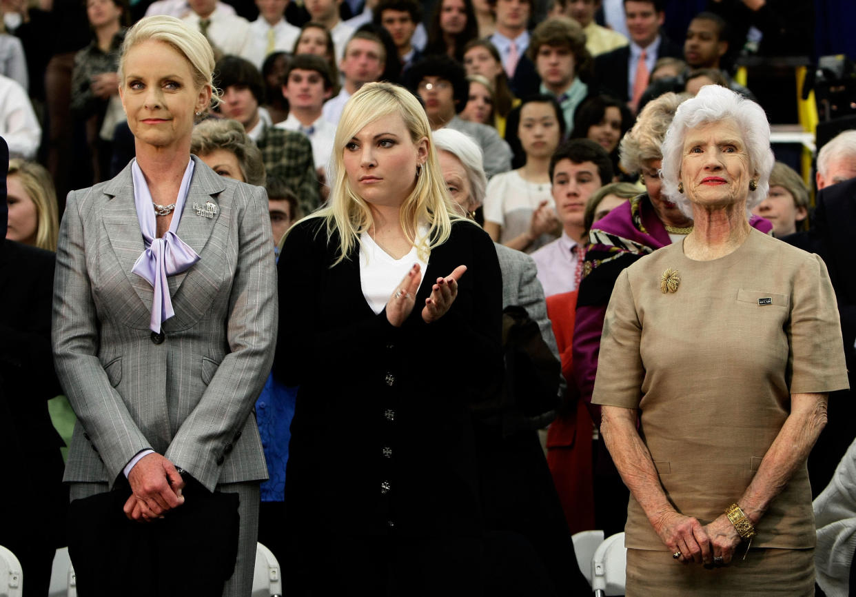 ALEXANDRIA, VA - APRIL 01:  As Republican presidential candidate Sen. John McCain (R-AZ) is introduced, (L-R) McCain's wife Cindy, daughter Meghan, and mother Roberta look on during a campaign event at Episcopal High School April 1, 2008 in Alexandria, Virginia. McCain, who attended the high school, held a 'town hall' style meeting with questions from students during the event.   (Photo by Win McNamee/Getty Images)