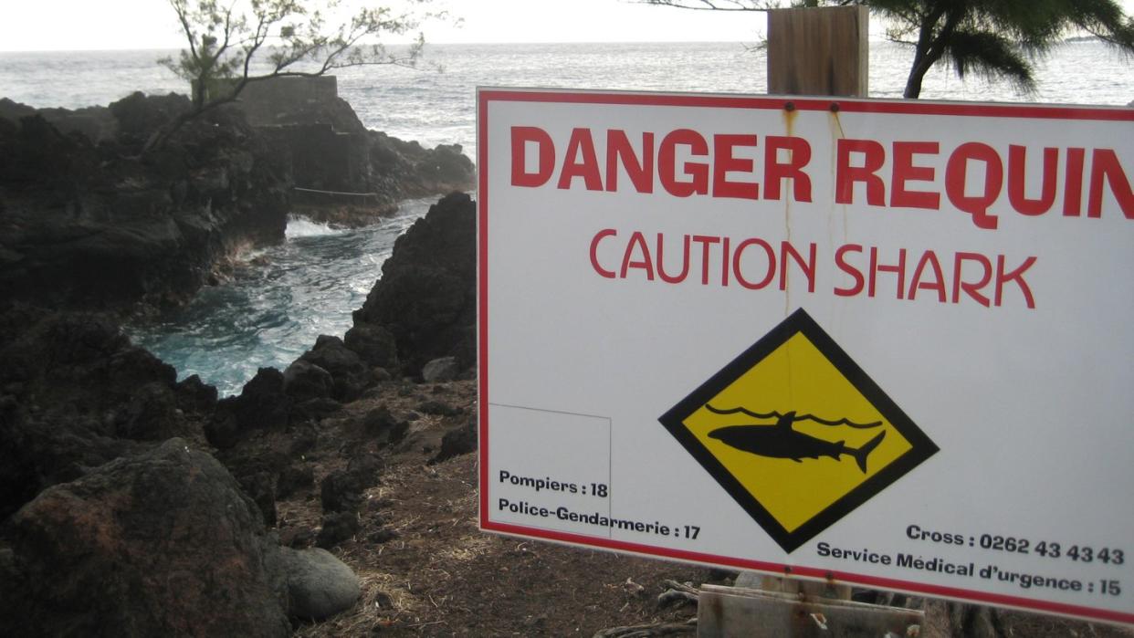 Ein Schild warnt an einem Strand von La Réunion vor Haien.