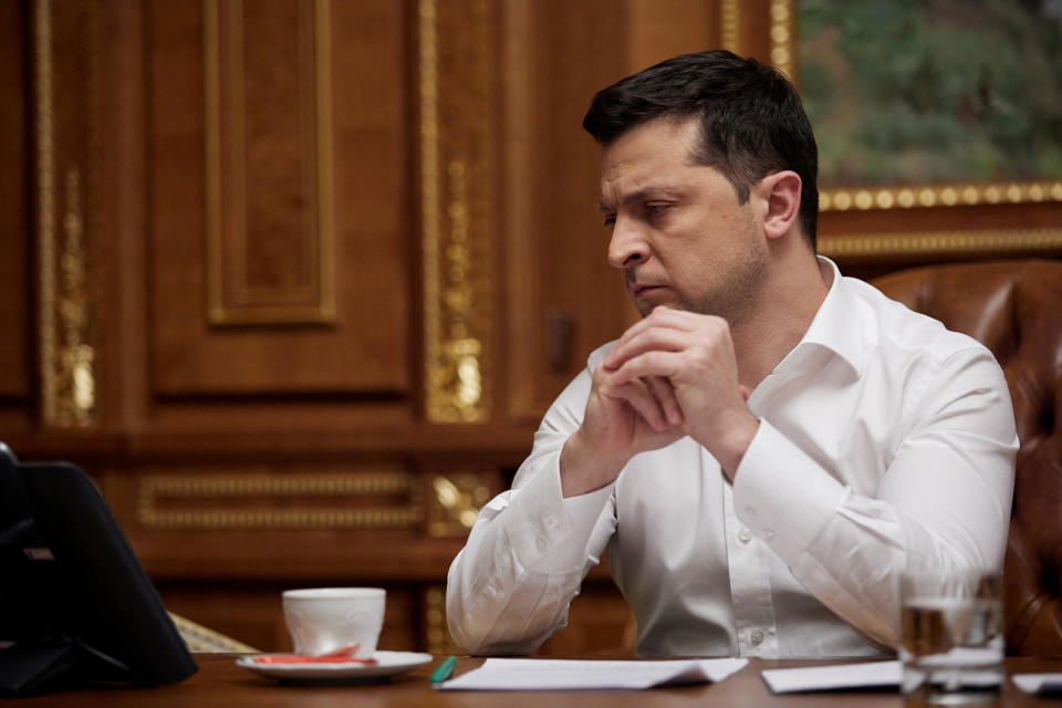 Ukraine's President Volodymyr Zelenskyy is seen during a call with U.S. President Joe Biden, in Kyiv, Ukraine, January 27, 2022. / Credit: Ukrainian Presidential Press Service/Handout/REUTERS