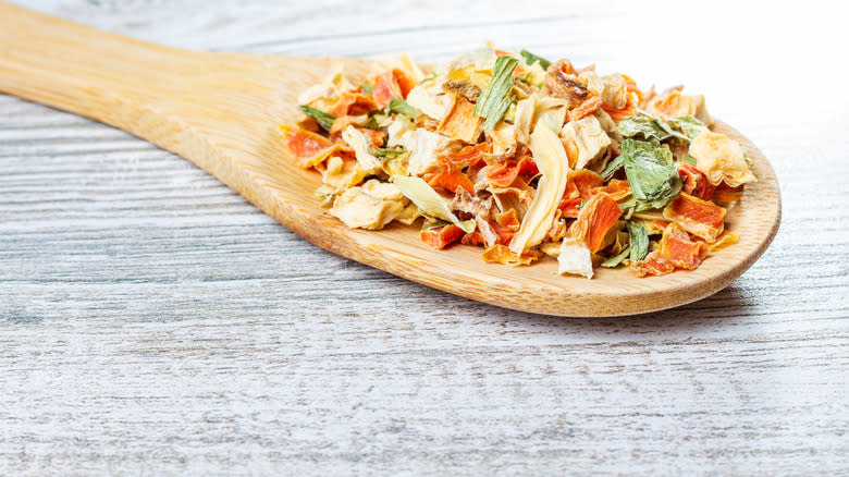 Freeze-dried vegetables on wooden spoon