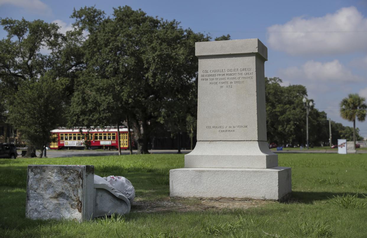 The monument of Col. Charles Didier Dreux, near the intersection of Canal Street and Jefferson Davis Parkway, was vandalized in New Orleans, Louisiana on Friday, July 10, 2020. At least two statues of prominent historical figures were pulled from their pedestals in New Orleans and another has been covered with red spray paint, authorities said Friday.