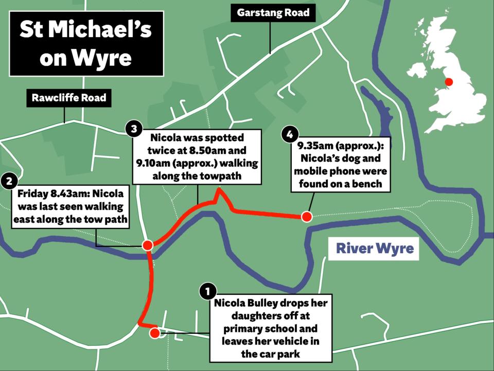 Map shows last known movements of Nicola Bulley