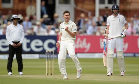 Cricket - England v New Zealand - Investec Test Series First Test - Lord’s - 22/5/15 New Zealand's Trent Boult celebrates after taking the wicket of England's Moeen Ali (not pictured) Action Images via Reuters / Philip Brown Livepic