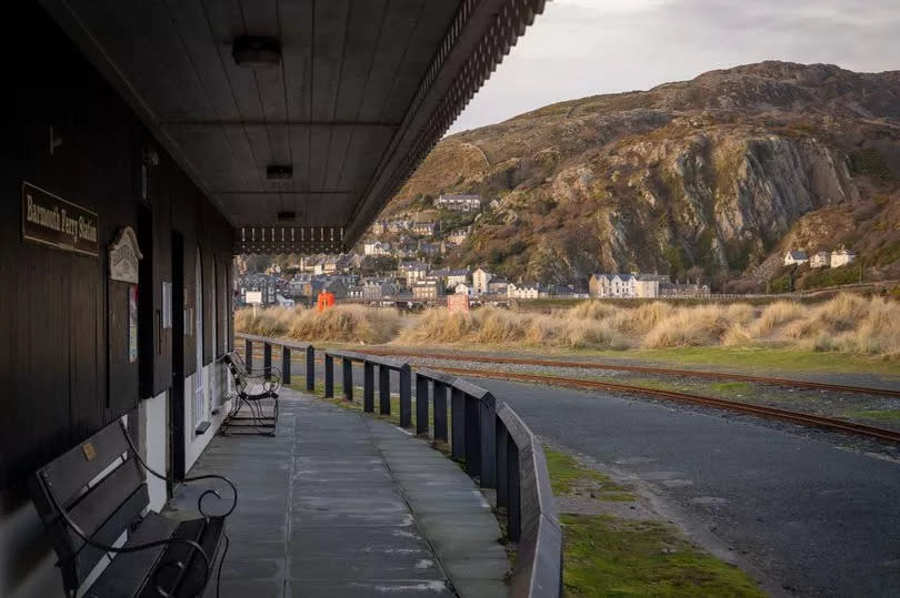 The view of Barmouth behind Fairbourne railway caf