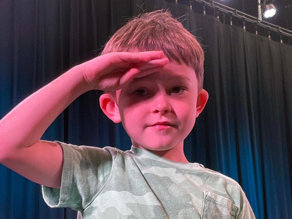 David Wade gets into his part giving a salute at Irish Art Camp. Knoxville Catholic High School, June 9, 2023.