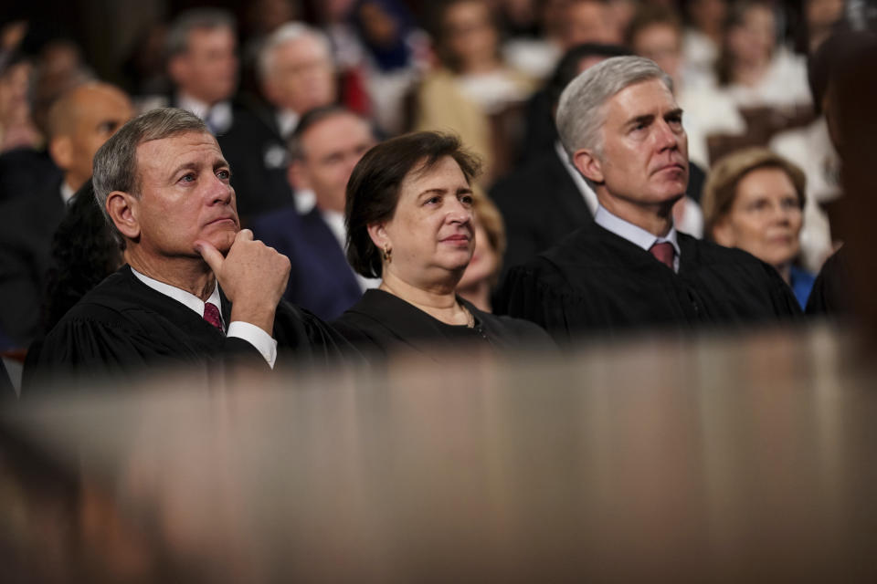 President Donald Trump gives his State of the Union address to a joint session of Congress, Tuesday, Feb. 5, 2019 at the Capitol in Washington, as Supreme Court Justices John Roberts, Elena Kagan, and Neil Gorsuch, look on. (Doug Mills/The New York Times via AP, Pool)