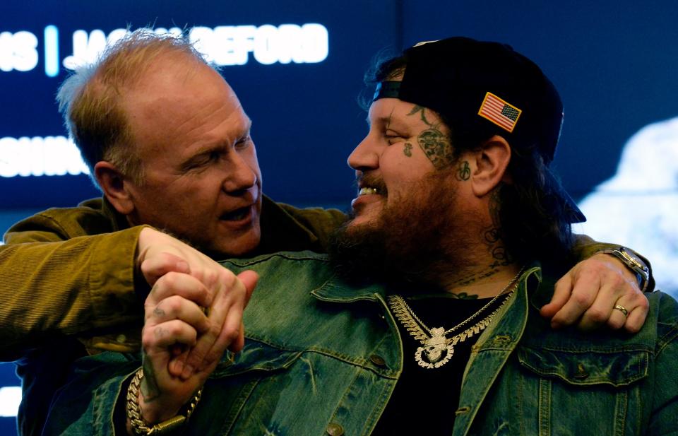 Singer Jelly Roll is greeted as he waits to be honored during a ceremony for his first country No. 1 song “Son of a Sinner” at BMI on Wednesday, Jan. 18, 2023, in Nashville, Tenn. 